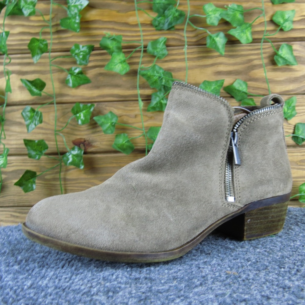 Lucky Brand Bartalino Women's 6.5 Taupe Suede Booties Side-Zip Casual Low Heel